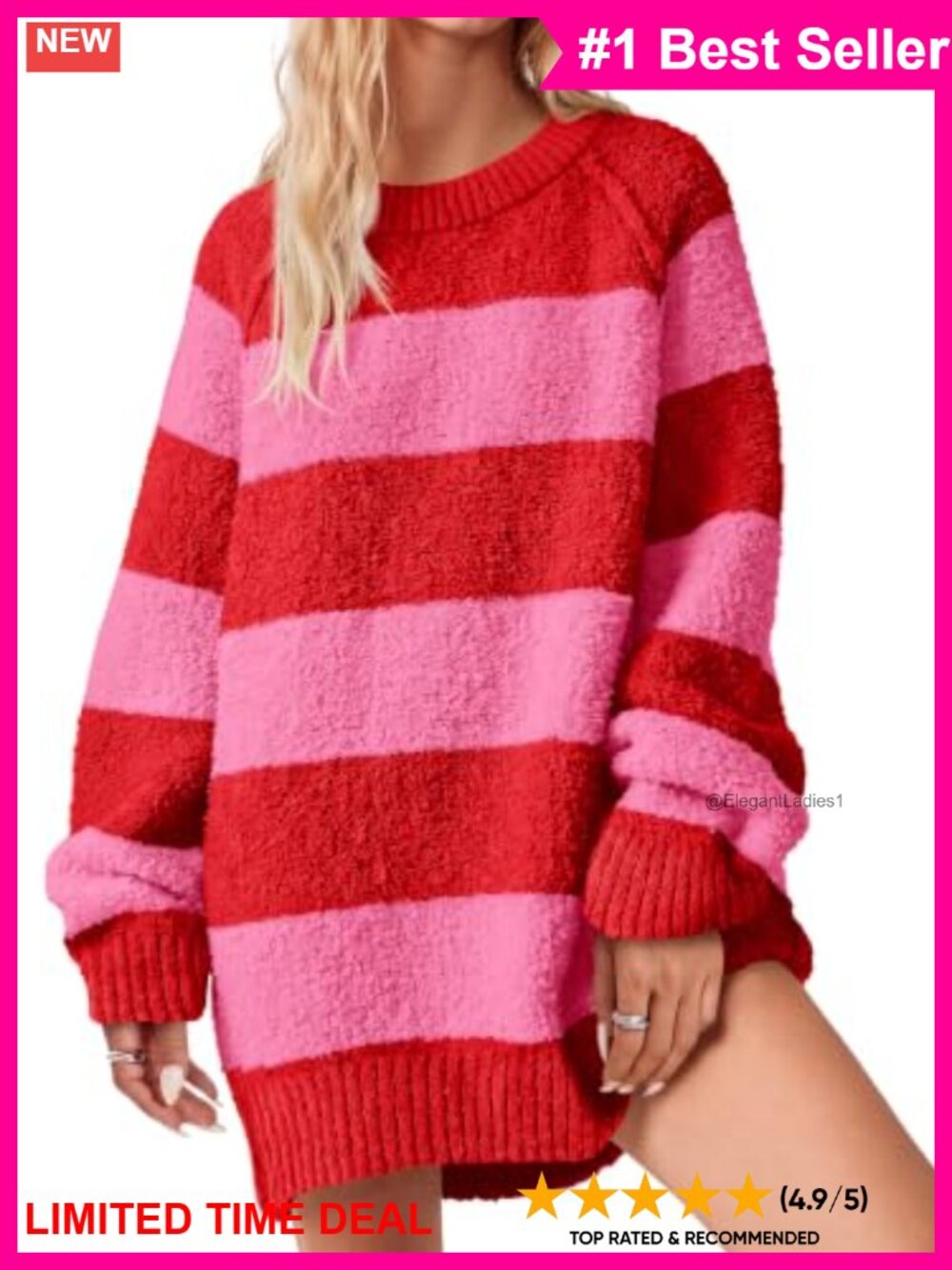 Oversized Fuzzy Long Sleeve Tunic Sweater Crew Neck Ribbed Knit Pullover